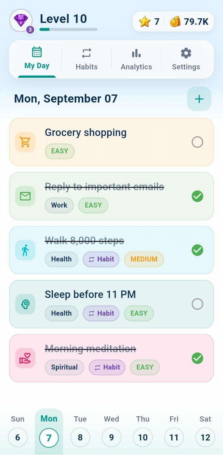 Routine Plus My Day screen showing tasks and habits