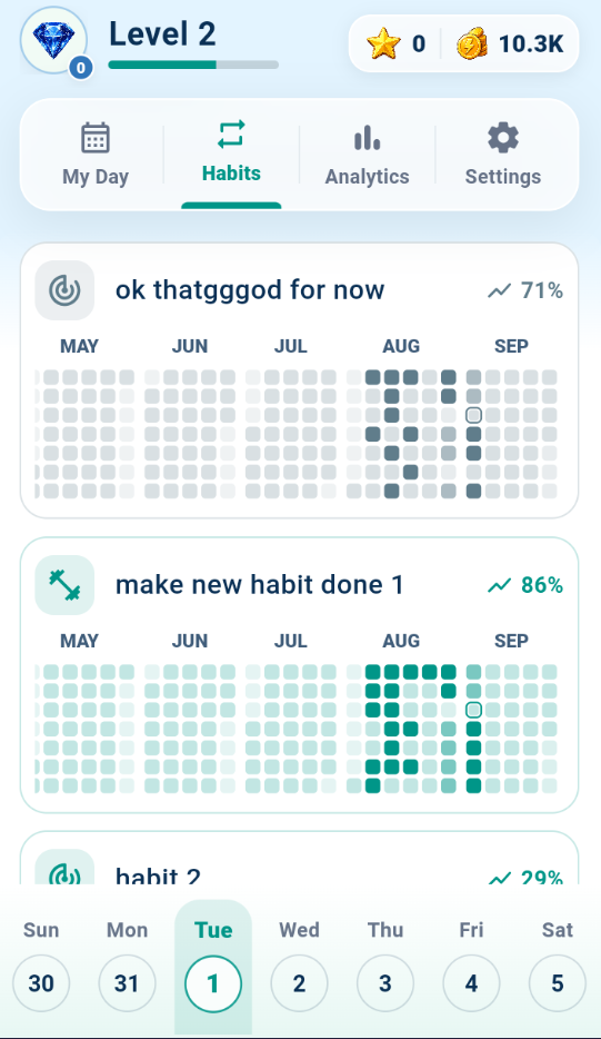 Routine Plus Habits screen with habit progress heatmaps